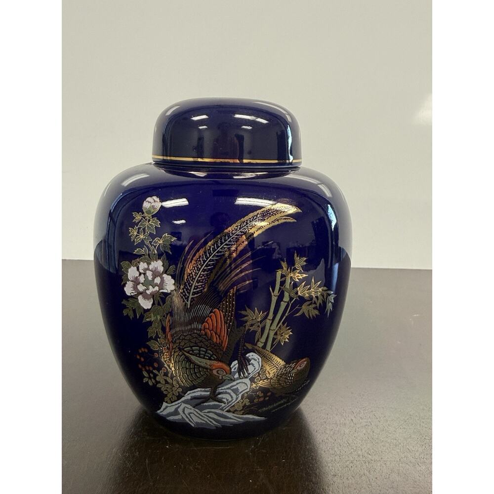 Vintage Cobalt Blue Ginger Jar Adorned With Intricate Gold Detailing With...